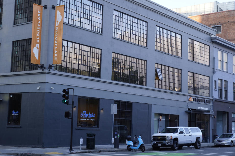 The headquarters of Cloudflare is seen in San Francisco, Wednesday, Aug. 31, 2022. Citing “imminent danger,” Cloudflare has dropped the notorious stalking and harassment site Kiwi Farms from its internet security services. (AP Photo/Eric Risberg)
