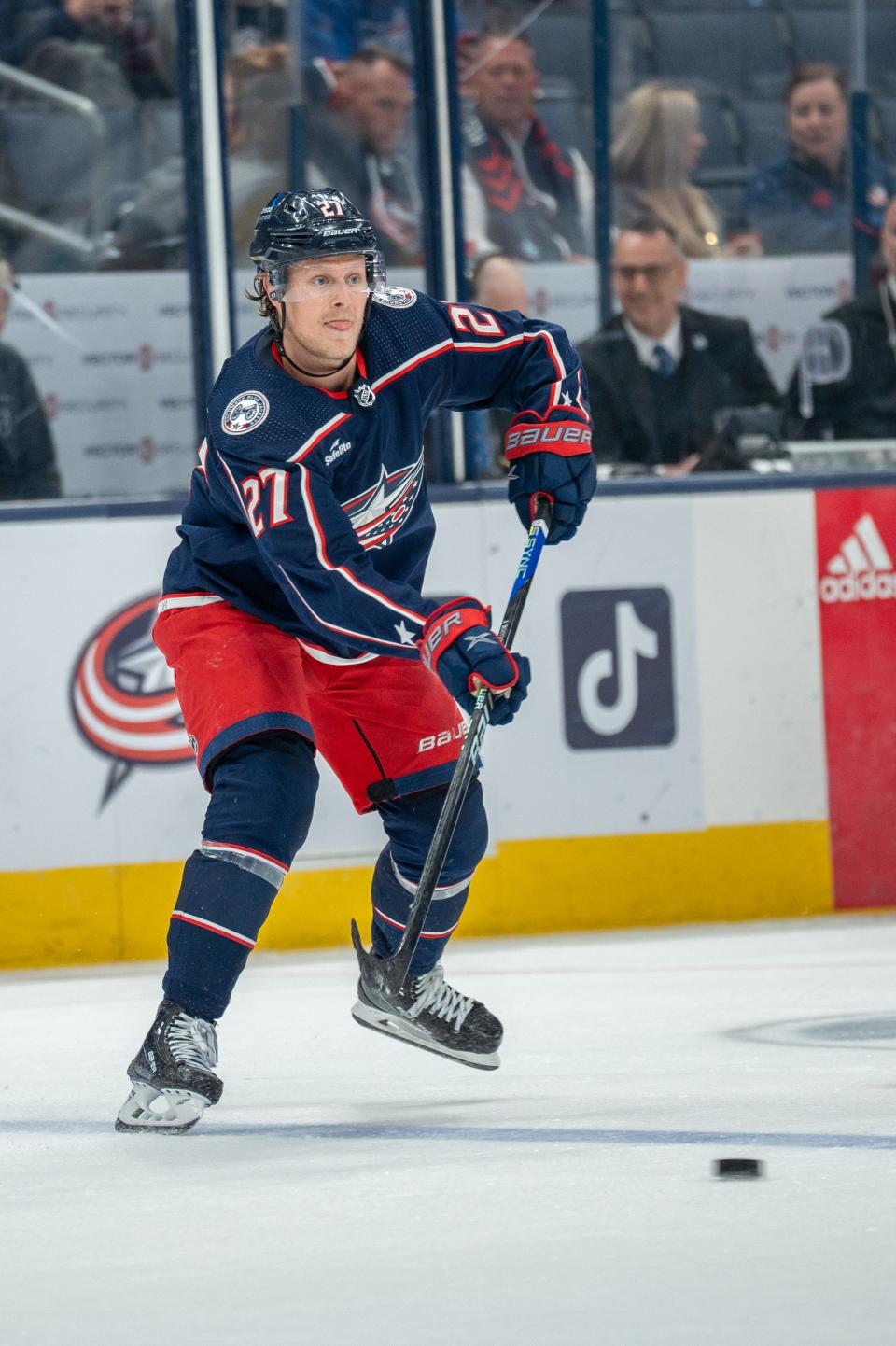 Oct. 5, 2023; Columbus, Ohio, United States;
Columbus Blue Jackets defenseman Adam Boqvist (27) passes the puck during their game against the Washington Capitals on Thursday, Oct. 5, 2023 at Nationwide Arena.