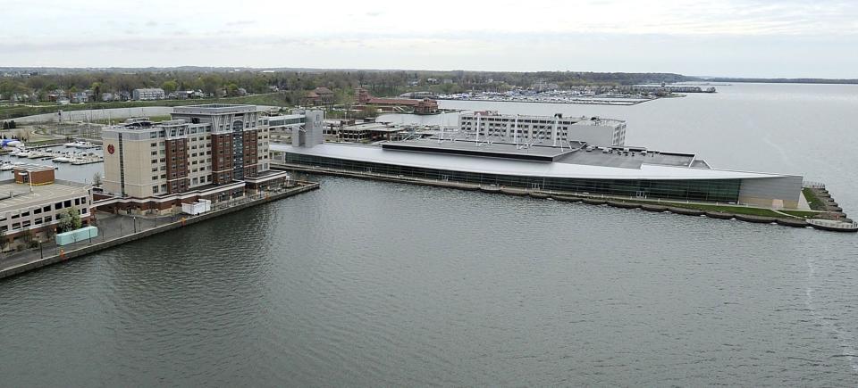 This is a May 2016 file photo of, from left: the Sheraton Erie Bayfront Hotel, the Bayfront Convention Center, and the Courtyard Erie Bayfront Hotel (behind the Convention Center), all located on Erie's bayfront.