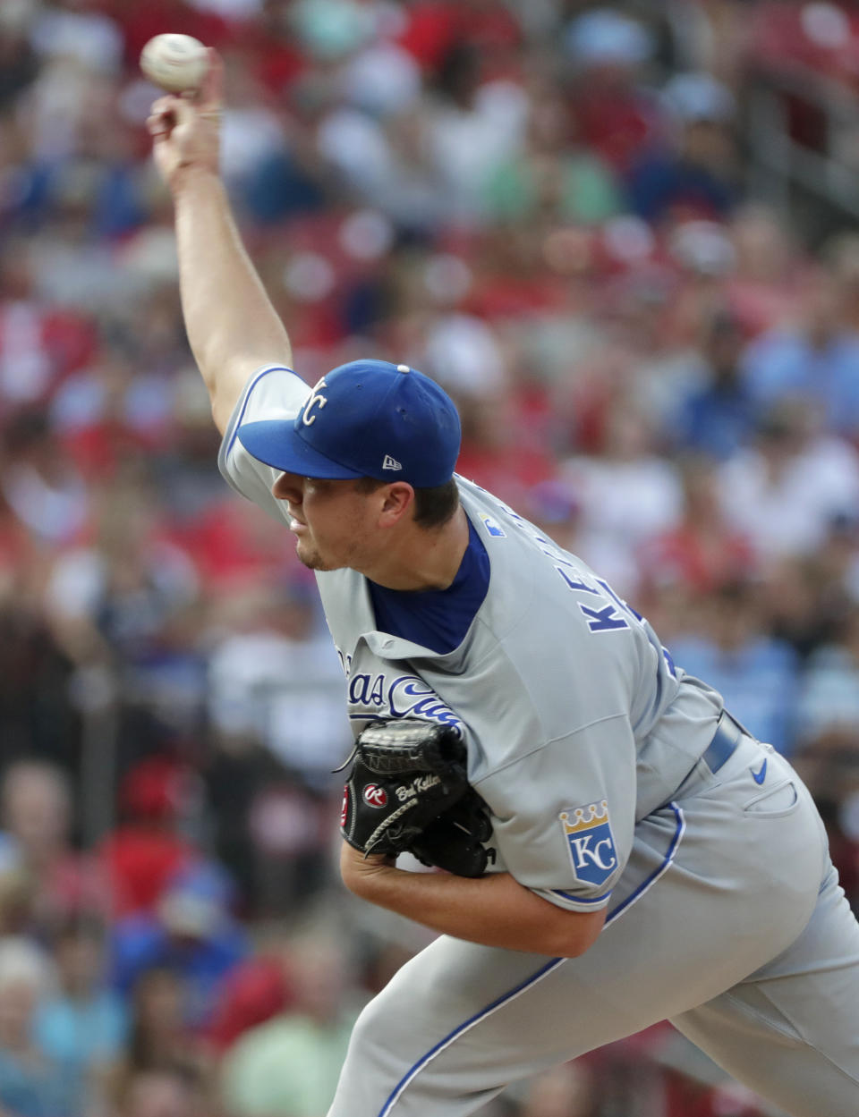 Kansas City Royals starting pitcher Brad Keller throws during the first inning of the team's baseball game against the St. Louis Cardinals, Saturday, Aug. 7, 2021, in St. Louis. (AP Photo/Tom Gannam)