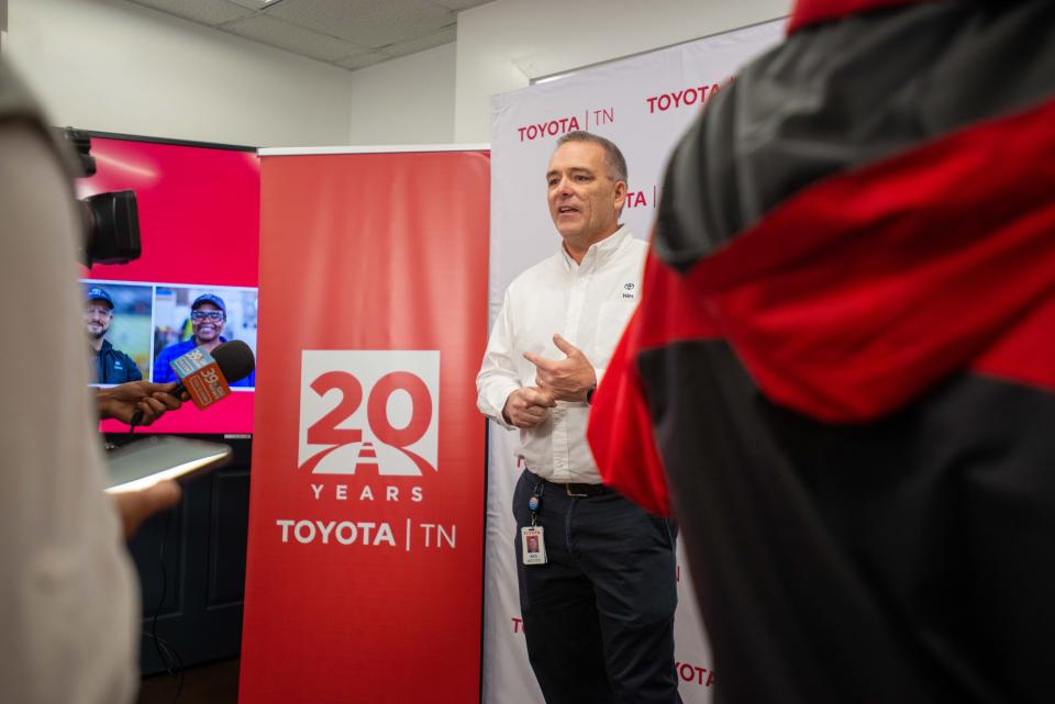 Toyota Tennessee president Wes Woods answers questions from media as the Jackson plant celebrates their 20th anniversary in Jackson, Tenn., on Friday, Nov. 3, 2023.