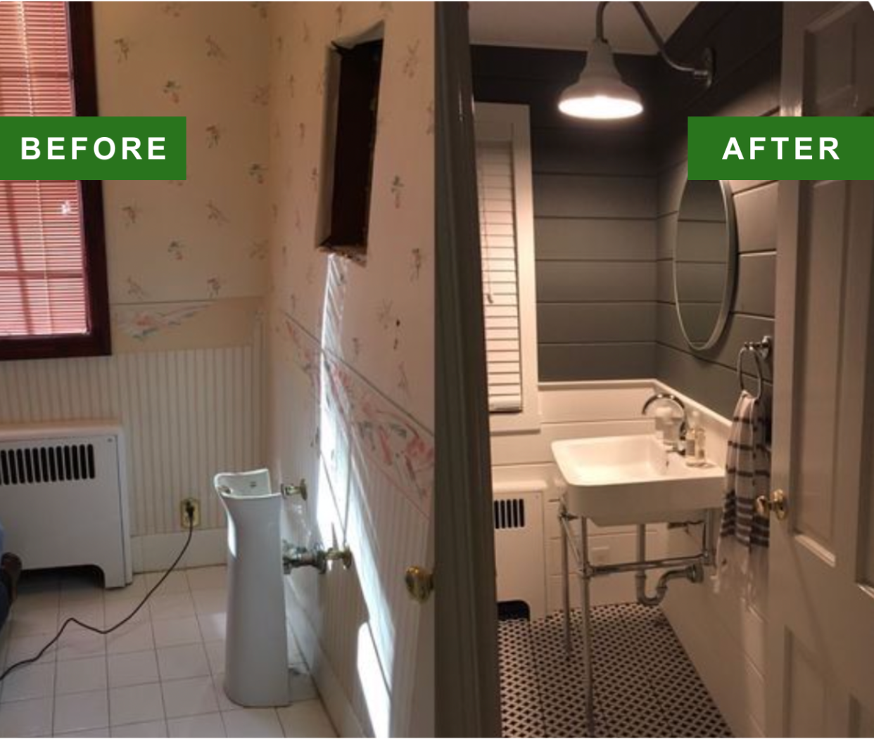A before and after comparison of a remodeled bathroom.