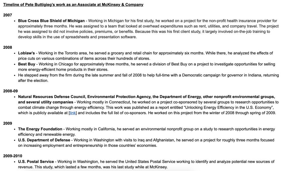 A list of Pete Buttigieg's clients at McKinsey. (Photo: Pete Buttigieg)