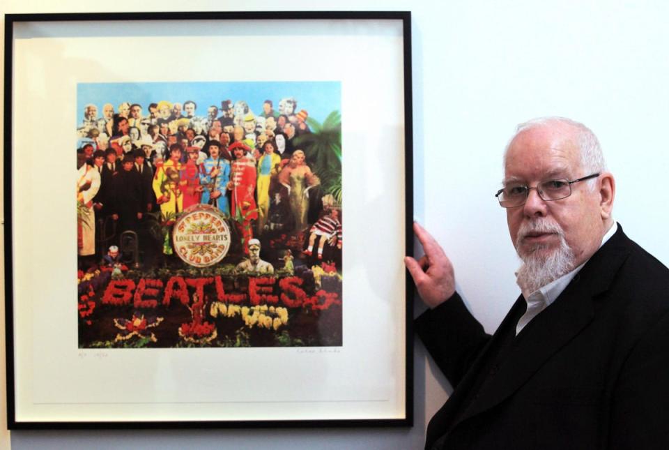 Peter Blake with his design for the Beatles Sgt Peppers Lonely Hearts Club Band (Getty Images)