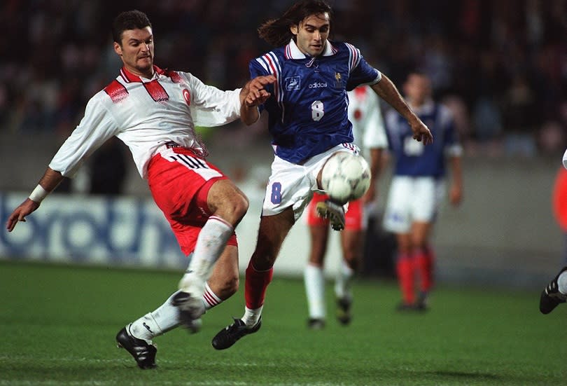 Twenty-one years ago, the attacking midfielderwasa rising star in theFrench Euro 96squad whose namewas spoken in thesame breath asZinedine Zidane.One missed penaltylater, and his life infootball took a verydifferent turn