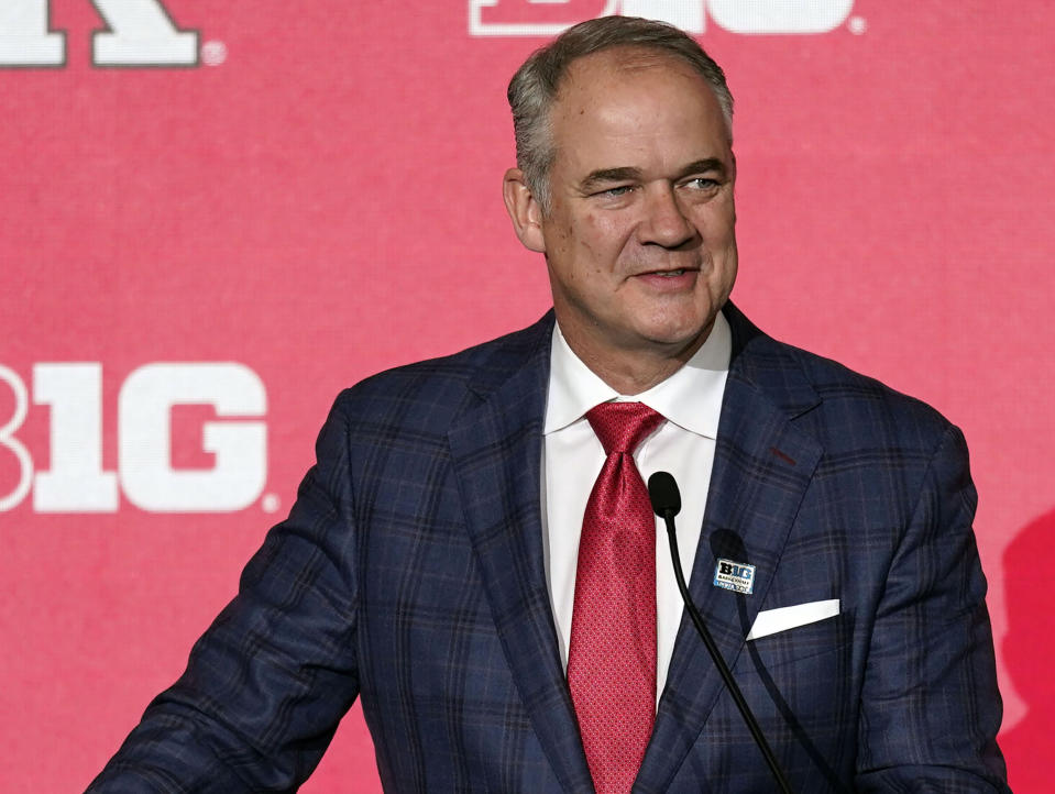 FILE - Rutgers men's head coach Steve Pikiell speaks during Big Ten NCAA college basketball Media Days, Oct. 11, 2022, in Minneapolis. St. John’s and Rutgers will play an exhibition game for charity in October to benefit the Dick Vitale Pediatric Cancer Research Fund at the V Foundation. Just more than two weeks before the college basketball regular season tips off, new coach Rick Pitino and the revamped Red Storm will host Pikiell and the Scarlet Knights on Oct. 21, 2023. (AP Photo/Abbie Parr, File)