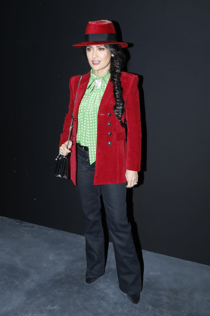 Salma Hayek at the Saint Laurent February 2019 show during Paris Fashion Week