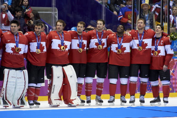 Hockey: 2014 Winter Olympics: Members of Team Canada victorious, posing with medals after winning Men's Gold Medal Game vs Sweden at Bolshoy Ice Dome. Sochi, Russia 2/23/2014 CREDIT: David E. Klutho (Photo by David E. Klutho /Sports Illustrated/Getty Images) (Set Number: X157699 TK1 R4 F123 )