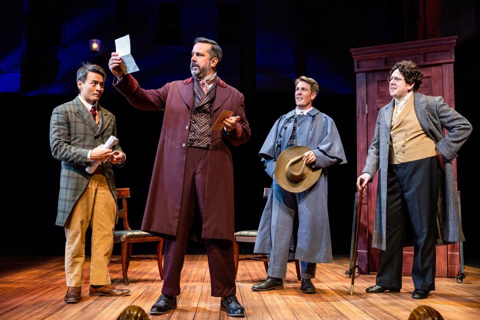 Left to right, David Lee Huynh as Dr. Watson, Chris Thorn as Sherlock Holmes, Jordan Coughtry as Sir Henry Baskerville, and Brian Owen as Dr. Mortimer in "Baskerville: A Sherlock Holmes Mystery" at Cape Playhouse.