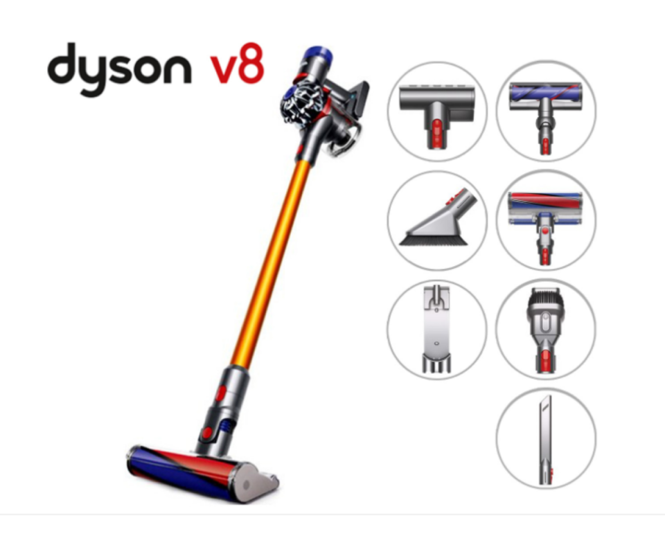 Product of Dyson v8 cordless vacuum cleaner with images of its 8 interchangeable heads.