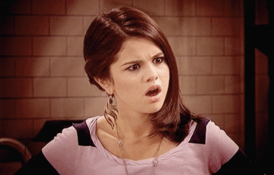 Alex Russo from "Wizards of Waverley Place" looking shocked