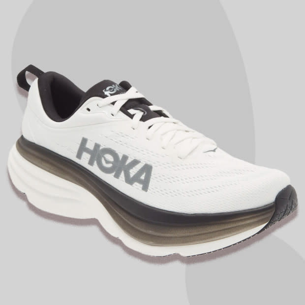 <p>Courtesy of Nordstrom</p><p>Aside from On, Hoka is another brand that runners have been quick to adopt. The Bondi 8, one of the brand’s most popular styles, might be the best white <a href="https://www.yahoo.com/lifestyle/best-running-shoes-2023-tested-152919802.html" data-ylk="slk:running shoe;elm:context_link;itc:0;outcm:mb_qualified_link;_E:mb_qualified_link;ct:story;" class="link  yahoo-link">running shoe</a> available right now.</p><p>These white running shoes are cradled by a gray gradient that makes them a little less blinding, and people seem to love them for their temperature control, neutral cushioning, and bouncy response. If this is your next white sneaker, make sure to order at least a half-size up.</p><p>[$165; <a href="https://click.linksynergy.com/deeplink?id=b8woVWHCa*0&mid=1237&u1=mj-bestwhitesneakers-amastracci-080723-update&murl=https%3A%2F%2Fwww.nordstrom.com%2Fs%2Fbondi-8-running-shoe-men%2F6639024%3F" rel="nofollow noopener" target="_blank" data-ylk="slk:nordstrom.com;elm:context_link;itc:0" class="link ">nordstrom.com</a>]</p>