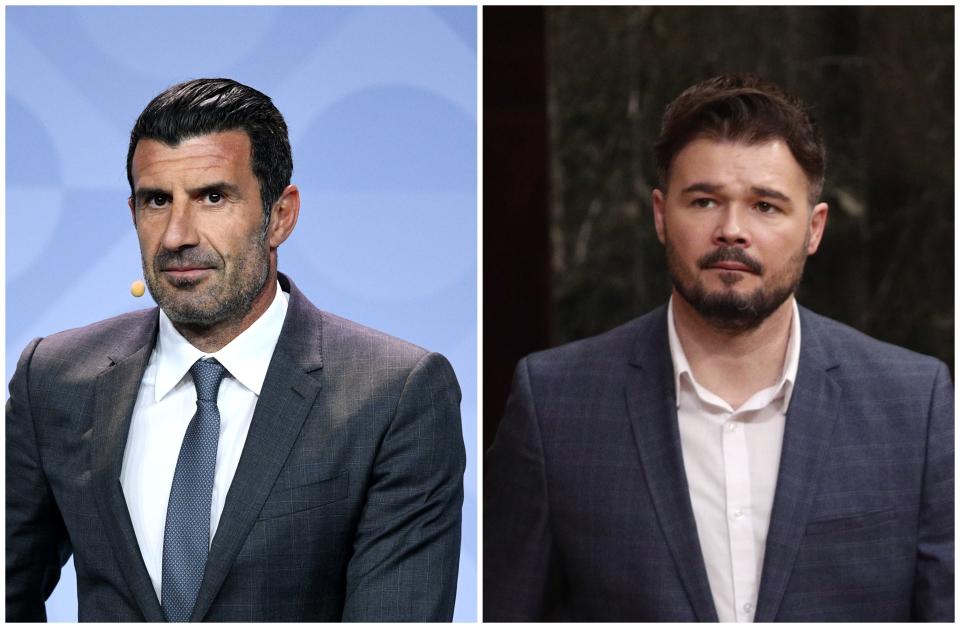 Luis Figo, exjugador de Barça y Real Madrid, y Gabriel Rufián, portavoz de ERC en el Congreso. (Foto: Lukas Schulze / UEFA / Getty Images / E. Parra / POOL / Europa Press / Getty Images).