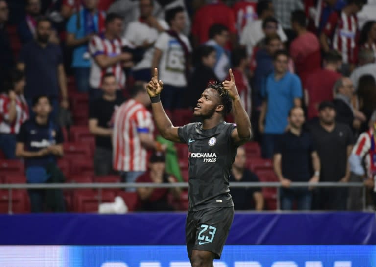 Chelsea's Michy Batshuayi celebrates after scoring during their UEFA Champions League Group C match against Atletico Madrid, at the Metropolitan stadium in Madrid, on September 27, 2017