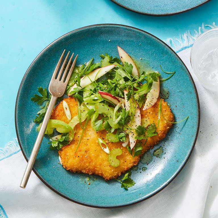 <p>This crispy pork is delicious, and it is brightened up with the crunch of apple and celery in the side salad. </p><p><em><a href="https://www.womansday.com/food-recipes/food-drinks/a29464664/crispy-pork-milanese-with-apple-ginger-salad-recipe/" rel="nofollow noopener" target="_blank" data-ylk="slk:Get the Crispy Pork Milanese with Apple-Ginger Salad recipe.;elm:context_link;itc:0;sec:content-canvas" class="link ">Get the Crispy Pork Milanese with Apple-Ginger Salad recipe. </a></em></p>
