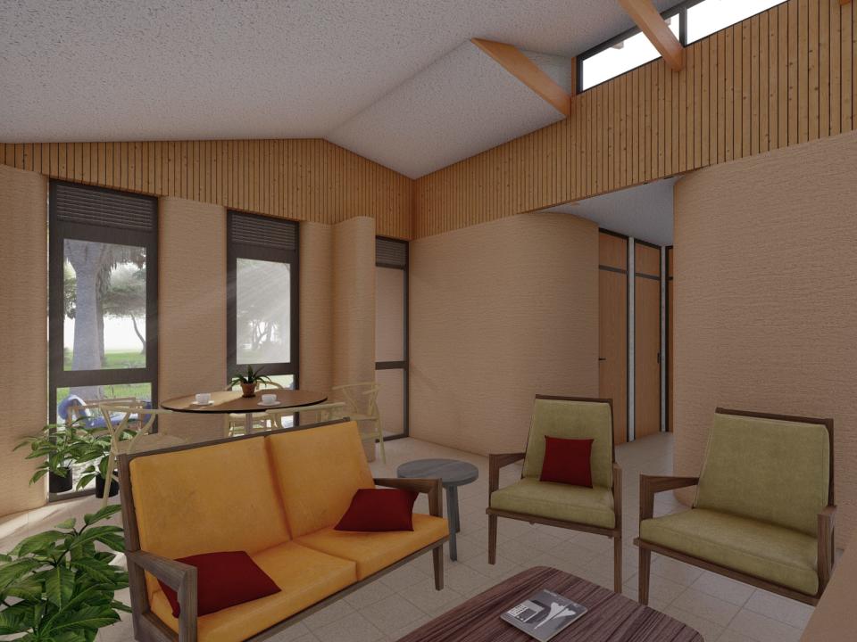 A rendering of the living room inside 14Trees' 3D printed home