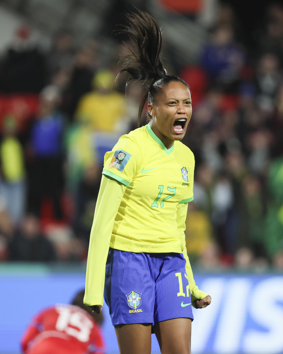 Brazil's Ary Borges reacts after teammate Beatriz Zaneratto scored their third goal during the Women's World Cup Group F soccer match between Brazil and Panama in Adelaide, Australia, Monday, July 24, 2023. (AP Photo/James Elsby)