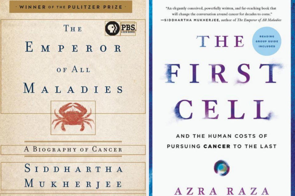 Side-by-side cover art of "The Emperor of All Maladies" by Siddhartha Mukherjee and "The First Cell" by Azra Raza.