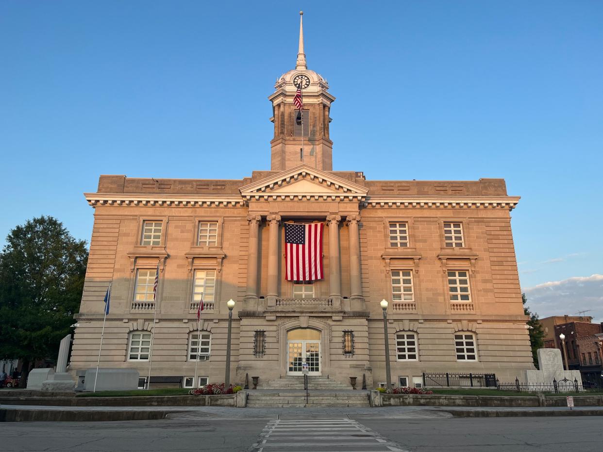 The sunset reflects on the Maury County courthouse at Public Square in downtown Columbia on July 27, 2023.