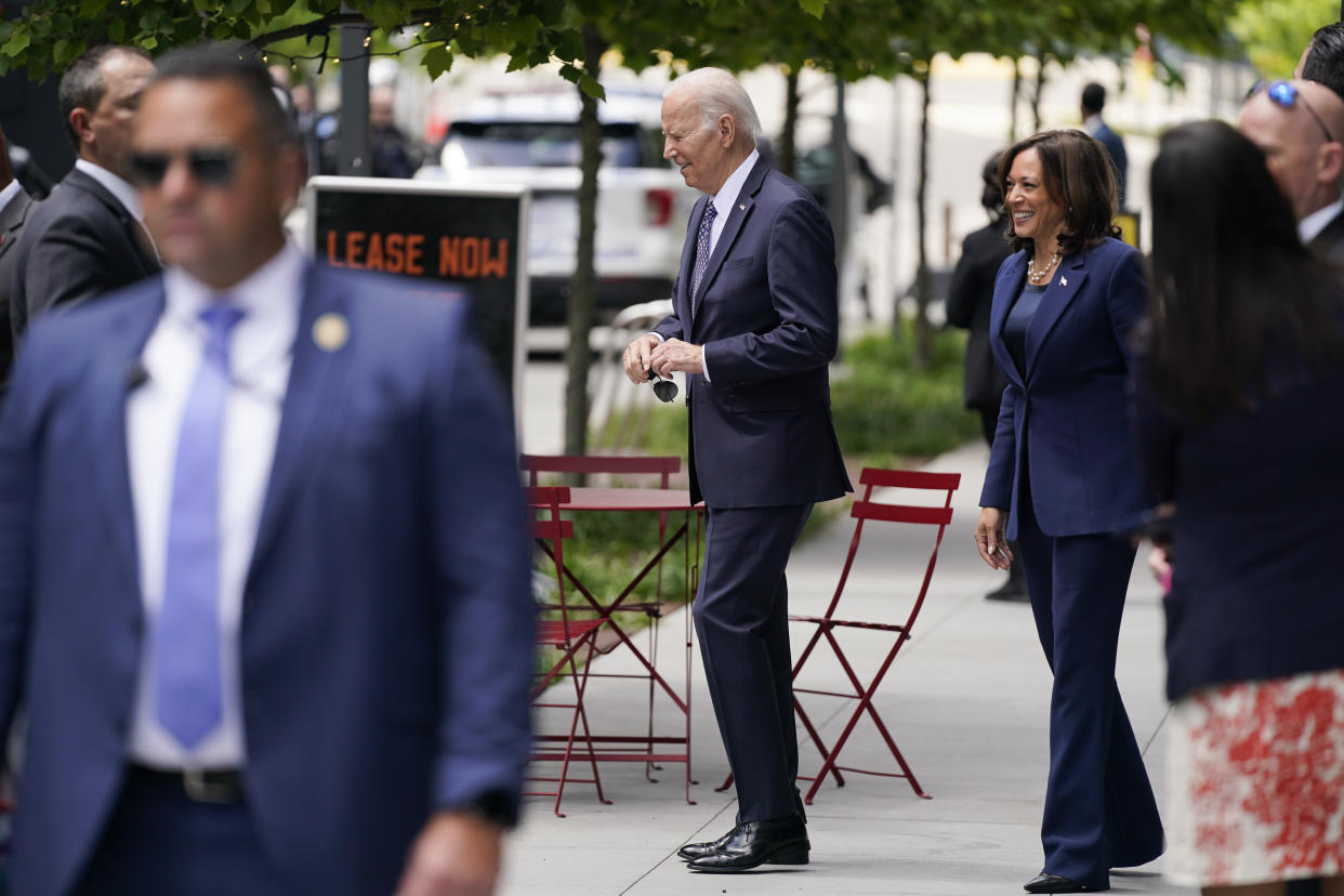 President Joe Biden and Vice President Kamala Harris leave Taqueria Habanero restaurant after picking up an order on Friday, May 5, 2023, in Washington. (AP Photo/Evan Vucci)