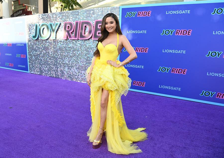 Ashley Park brings yellow glam to the “Joy Ride” Los Angeles premiere at the Regency Village Theatre in Westwood. (Araya Doheny/Getty Images for Lionsgate)