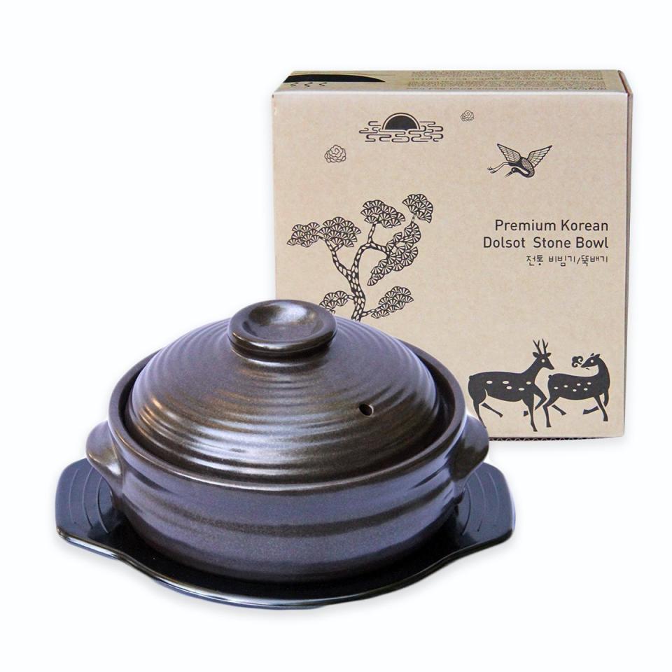 Crazy Korean Cooking Korean Stone Bowl<br />$38.00, <a href="https://www.amazon.com/Crazy-Korean-Cooking-Sizzling-Bibimbap/dp/B00KFMTLQM/ref=sr_1_1?ie=UTF8&amp;qid=1480692121&amp;sr=8-1&amp;keywords=korean+stone+bowl" target="_blank">Amazon.&nbsp;</a>