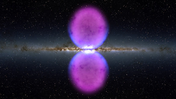 Hints of the Fermi bubbles' edges were first observed in X-rays (blue) by the Röntgen Satellite (ROSAT) X-ray observatory, which operated in the 1990s. The gamma rays mapped by the Fermi Gamma-ray Space Telescope (magenta) extend much farther f