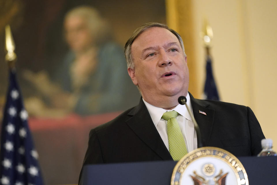 Secretary of State Mike Pompeo speaks during a news conference to announce the Trump administration's restoration of sanctions on Iran, Monday, Sept. 21, 2020, at the U.S. State Department in Washington. (AP Photo/Patrick Semansky)