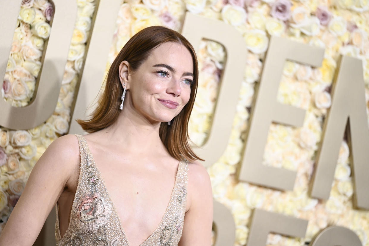 Emma Stone at the 81st Golden Globe Awards held at the Beverly Hilton Hotel on January 7, 2024 in Beverly Hills, California. (Photo by Gilbert Flores/Golden Globes 2024/Golden Globes 2024 via Getty Images)