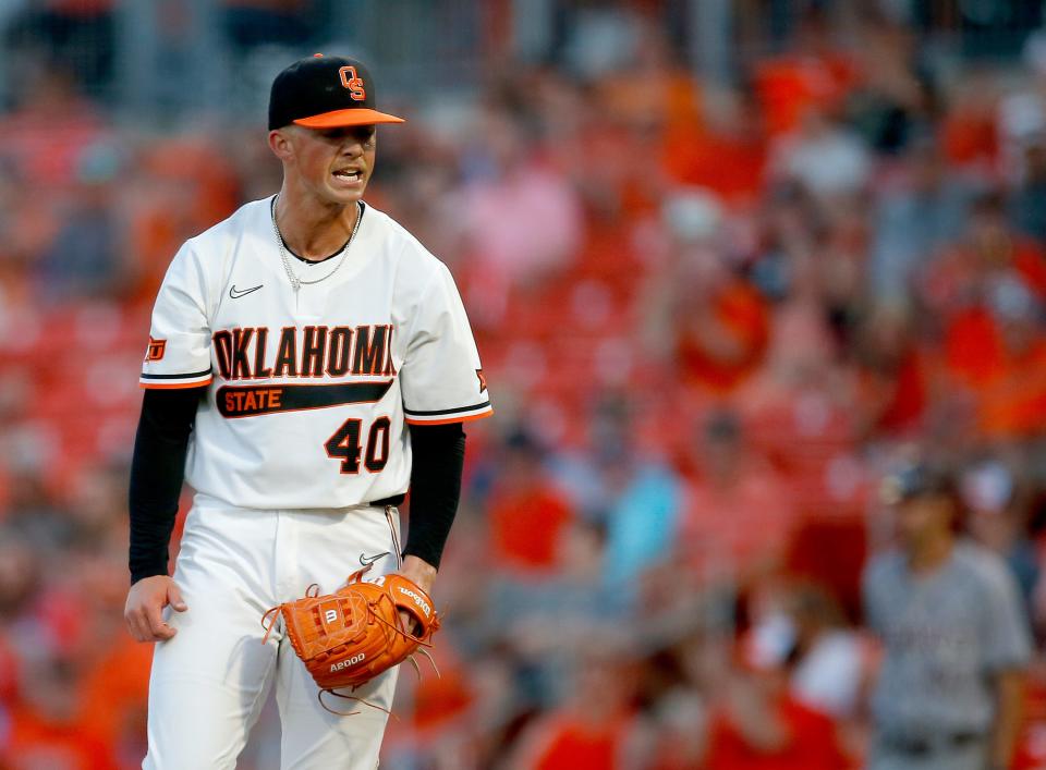 Oklahoma State's Kale Davis (40) reacts after a strike out the eighth inning during the NCAA Stillwater Regional baseball game between Oklahoma State Cowboys and Missouri State Bears at the O'Brate Stadium in Stillwater, Okla., Friday, June, 3, 2022. 