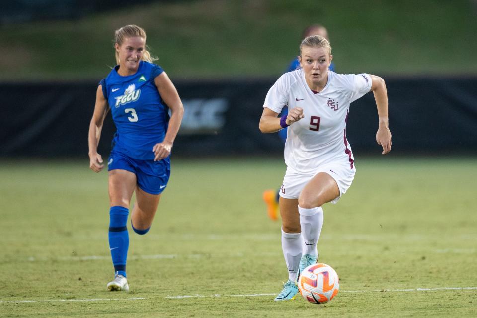 Florida State Seminole Beata Olsson (9) makes her way towards the goal. The Florida State Seminoles defeated the Florida Gulf Coast Eagles 5-0 Thursday, Sept. 8, 2022.