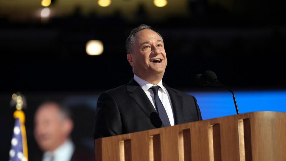 PHOTO: Second Gentleman Doug Emhoff speaks on stage during the second day of the Democratic National Convention on August 20, 2024 in Chicago. (Andrew Harnik/Getty Images)