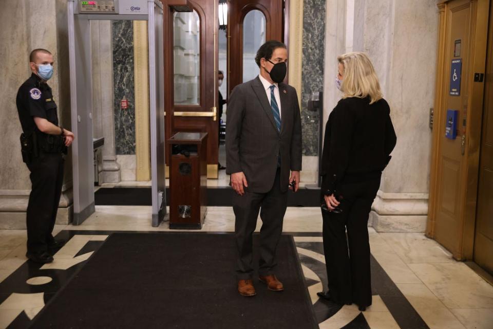 Lead impeachment manager Jamie Raskin, D-Md., speaks with House Republican Conference Chairwoman Liz Cheney, R-Wyo., who is supporting his effort to remove Donald Trump. (Getty Images)