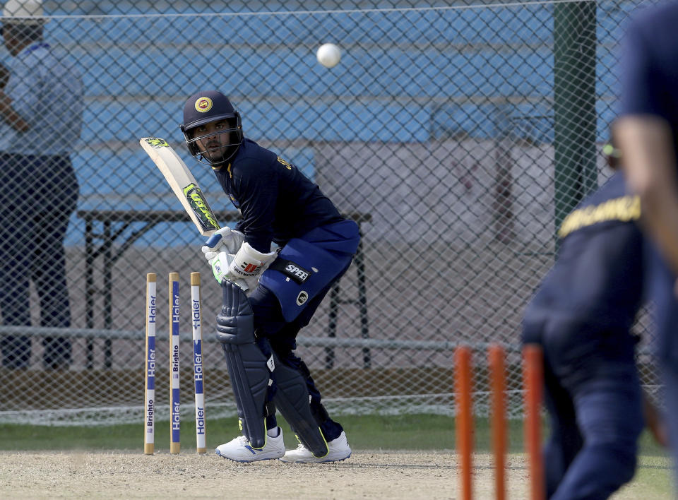 Sri Lankan cricket team player Angelo Perera attends a practice session at National Stadium in Karachi, Pakistan, Sunday Sept. 29, 2019. Sri Lanka touring Pakistan to play three-ODI and three T20 matches series. (AP Photo/Fareed Khan)