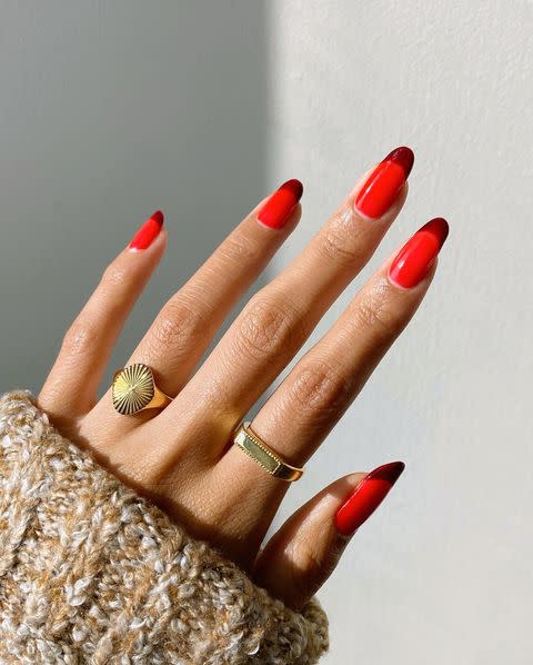 <p>We love this twist on the classic French manicure, using two different shades of red. </p><p><a href="https://www.instagram.com/p/CFkPu-fg9j6/" rel="nofollow noopener" target="_blank" data-ylk="slk:See the original post on Instagram;elm:context_link;itc:0;sec:content-canvas" class="link ">See the original post on Instagram</a></p>