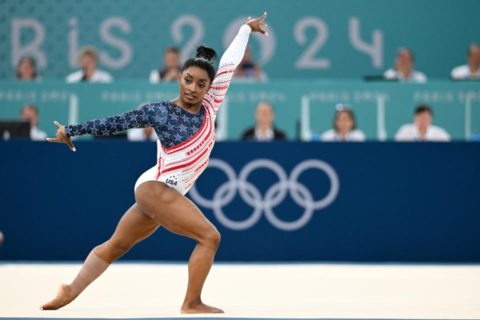 Simone Biles performs her floor routine at the Summer Olympics in Paris.