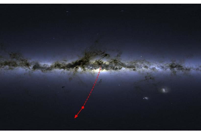 Illustration showing the hyper-fast star, speeding at 3.7 million mph through the universe and its direction of travel (PASergey Koposov/PA Wire)