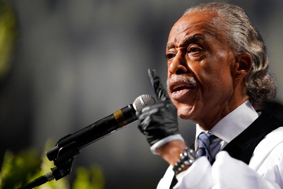 The Rev. Al Sharpton speaks during a funeral service for George Floyd at The Fountain of Praise church Tuesday, June 9, 2020, in Houston.