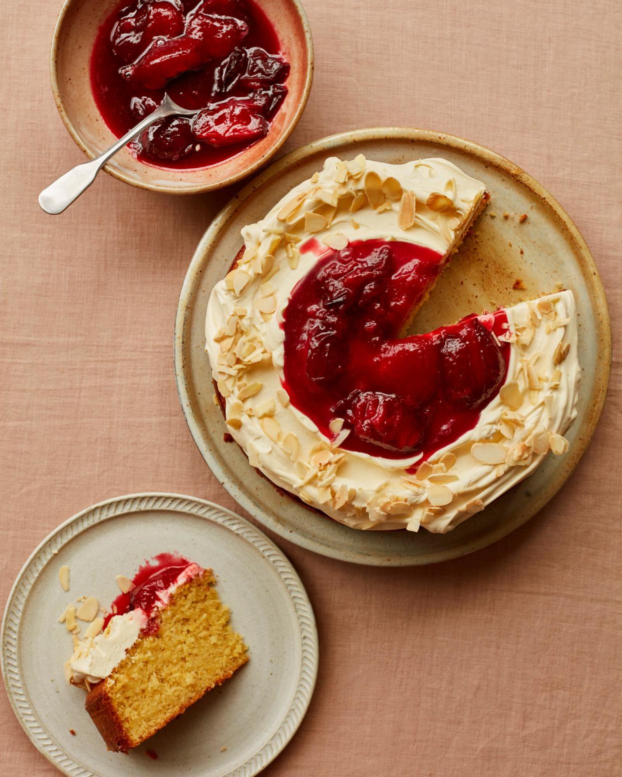 <span>Ravneet Gill’s orange, almond and olive oil cake with plum compote.</span><span>Photograph: Laura Edwards/The Guardian. Food stylist: Benjamina Ebuehi. Prop styling: Anna Wilkins. Food styling assistant: Áine Pretty-McGrath.</span>