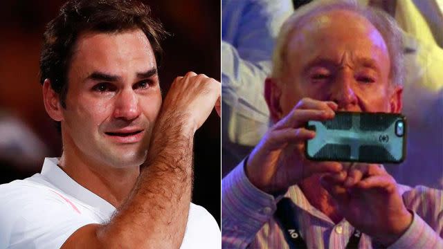 Laver takes photos as Federer breaks down. Pic: Getty/Seven