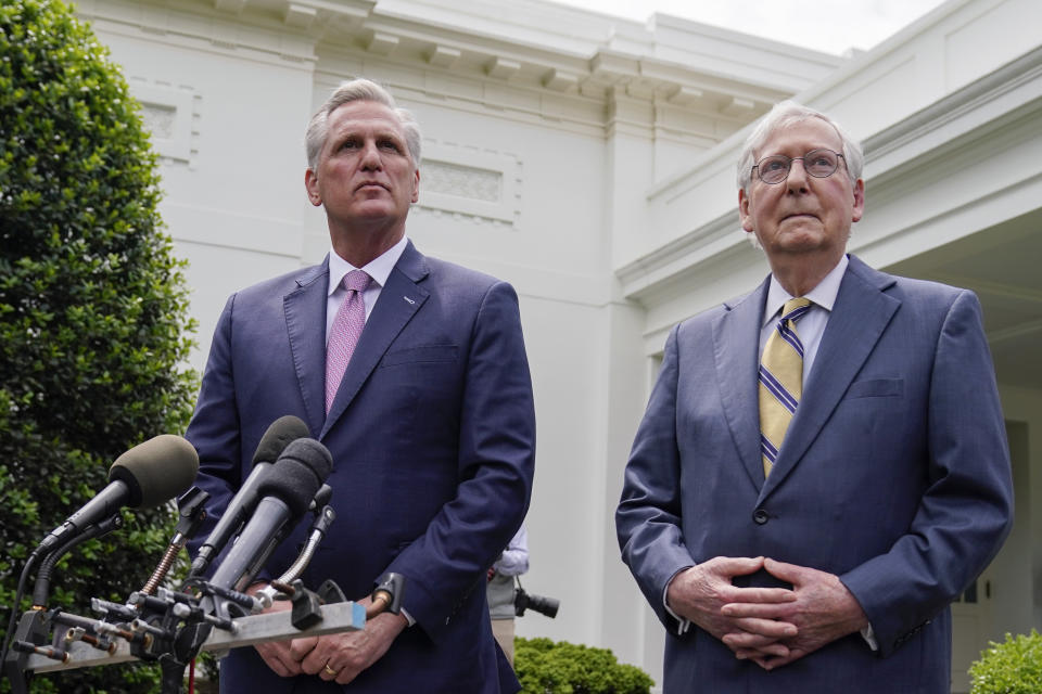 FILE - Senate Minority Leader Mitch McConnell of Ky., and House Minority Leader Kevin McCarthy of Calif., speak to reporters outside the White House after a meeting with President Joe Biden, May 12, 2021, in Washington. (AP Photo/Evan Vucci, File)