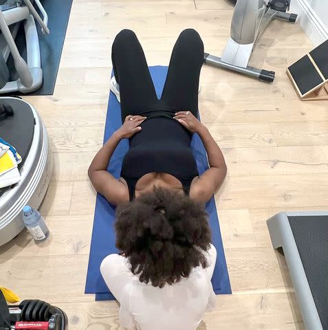 <p>Serena Williams /Instagram</p> Williams posted a photo of her working out with eldest daughter Olympia