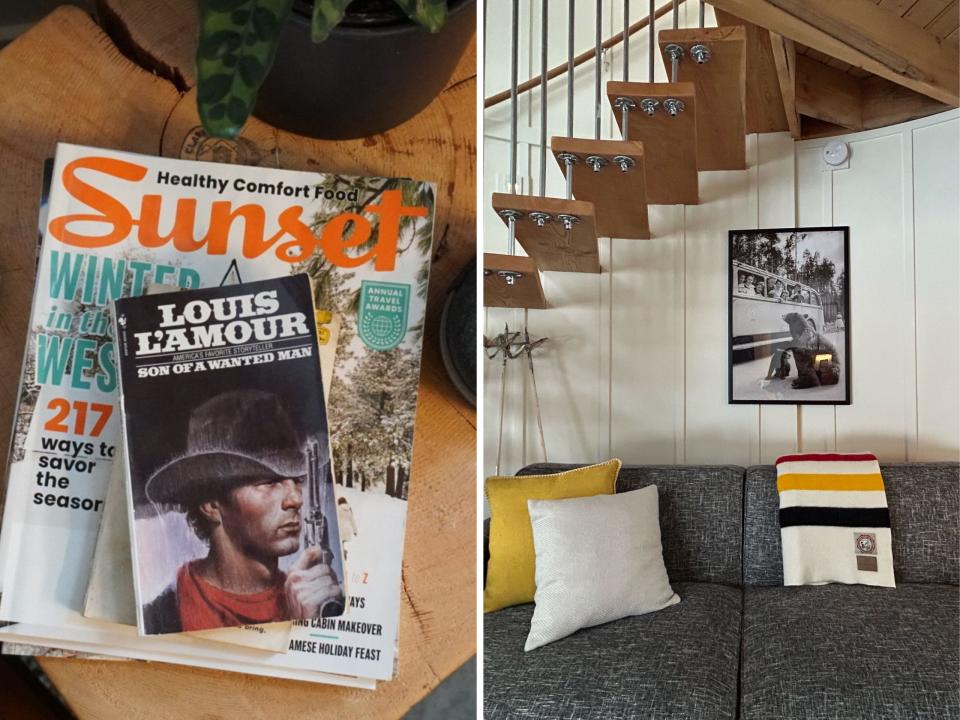 Decor from the Airbnb is shown in a side-by-side photo.