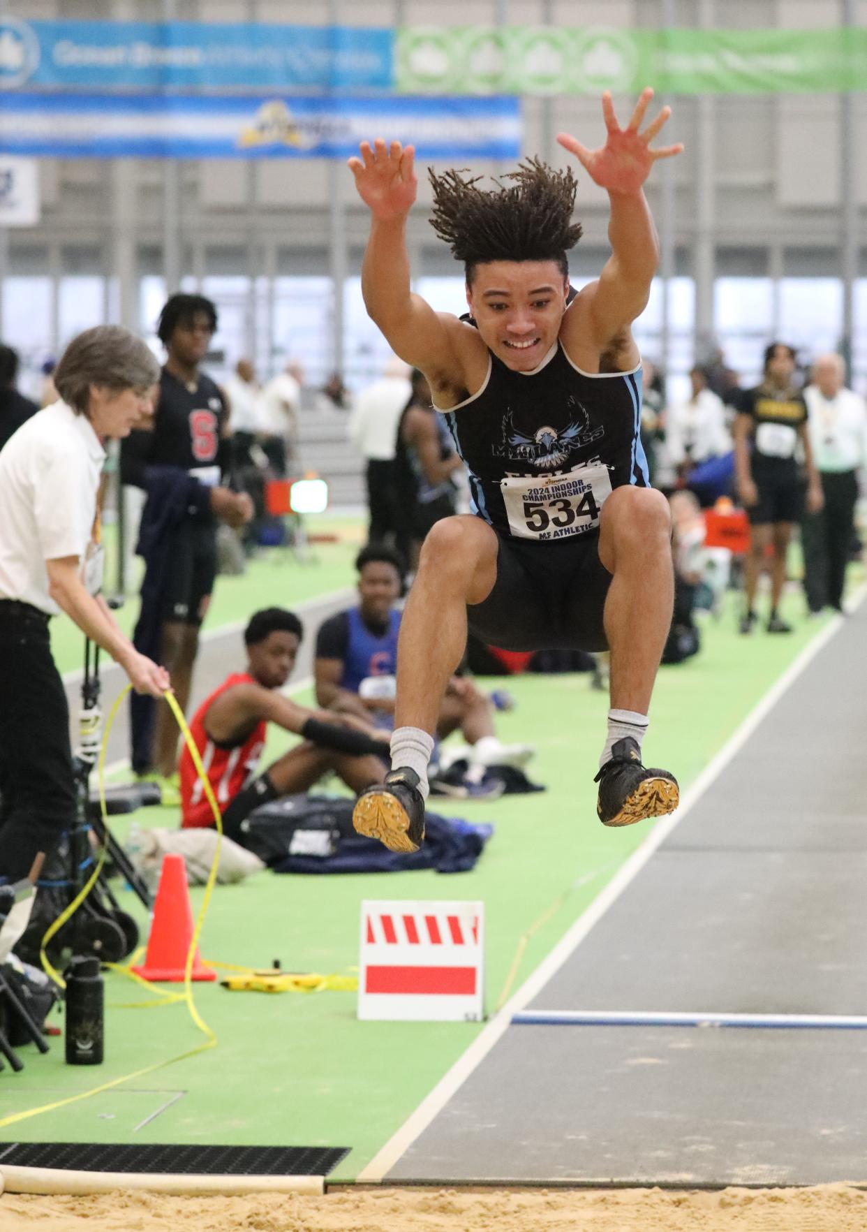 Aiden Bryant from Midlakes competes in the boys long jump at the 2024 New York State Indoor Track and Field Championships at the Ocean Breeze Athletic Complex in Staten Island, March 2, 2024.