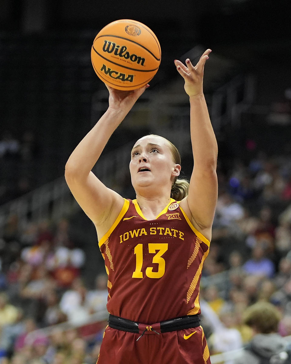 Iowa State guard Hannah Belanger shoots during the first half of an NCAA college basketball game for the Big 12 women's tournament championship Tuesday, March 12, 2024, in Kansas City, Mo. (AP Photo/Charlie Riedel)