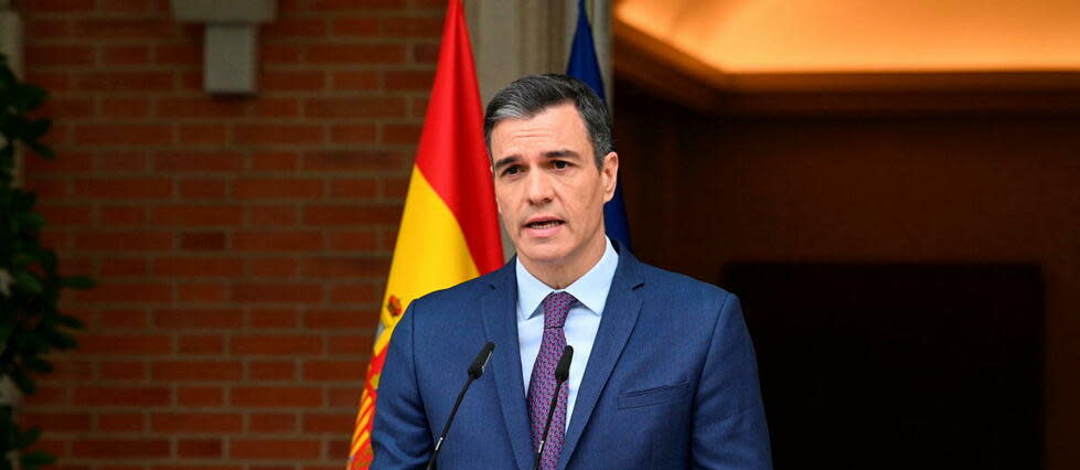 Le Premier ministre Pedro Sanchez à l'annonce de la tenue d'élections anticipées, le 29 mai, au palais de La Moncloa, à Madrid.   - Credit:BORJA PUIG DE LA  BELLACASA / LA MONCLOA / AFP