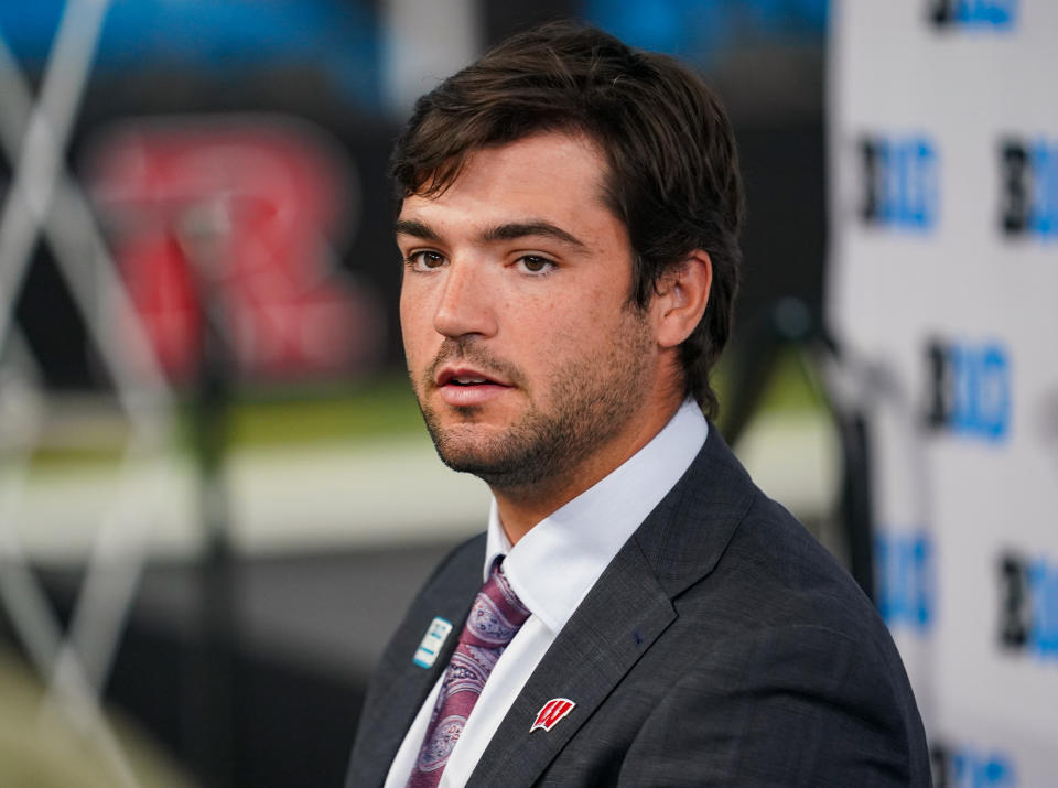 Jul 27, 2023; Indianapolis, IN, USA; Wisconsin Badgers quarterback Tanner Mordecai speaks to the media during the Big 10 football media day at Lucas Oil Stadium. Mandatory Credit: Robert Goddin-USA TODAY Sports