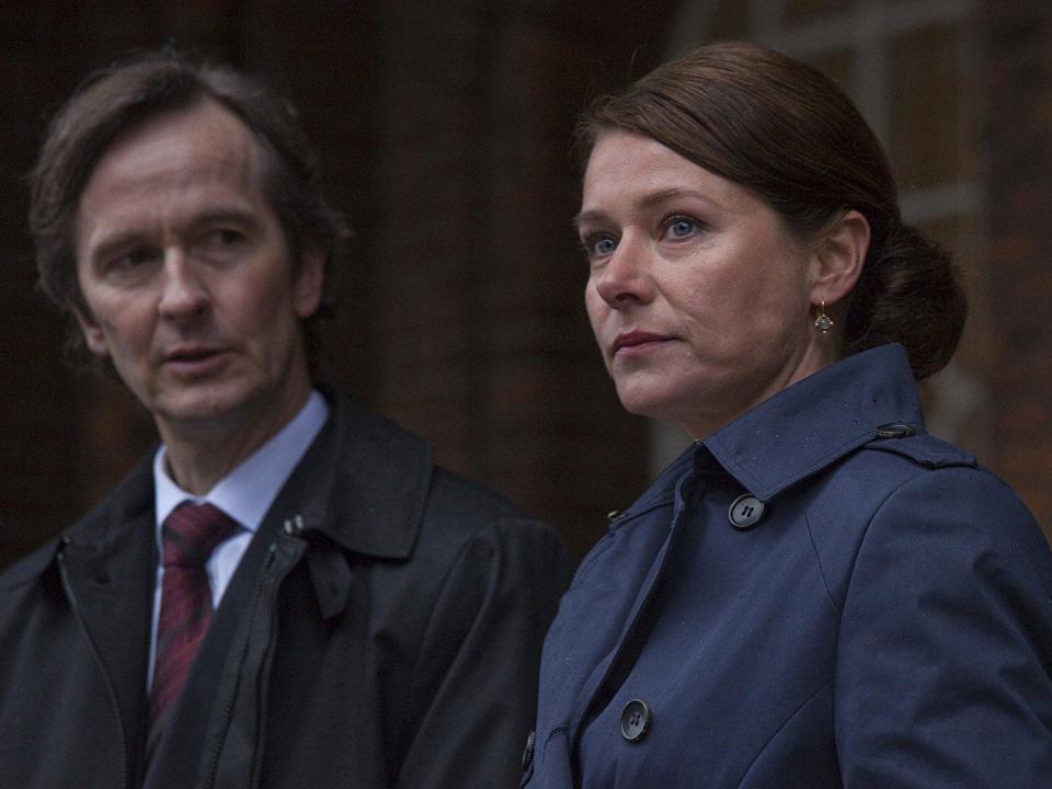 Knudsen as Prime Minister, Birgitte Nyborg and her adviser Lars Brygmann in ‘Borgen’ (DR Fiktion)