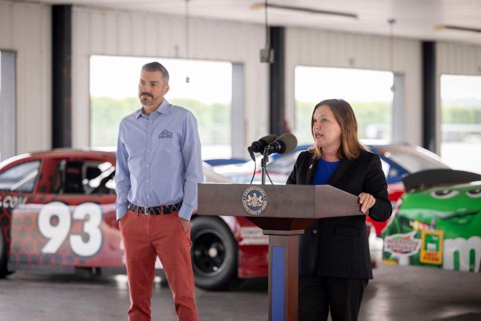 Pocono Raceway President Ben May and Pennsylvania Attorney General Michelle Henry announce a drug take back event at Pocono Raceway on June 28, 2023. NASCAR fans can drop off unused prescription medications during race weekend July 21 to 23.