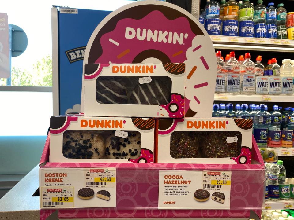 display full of packages of dunkin donuts in an irish grocery store